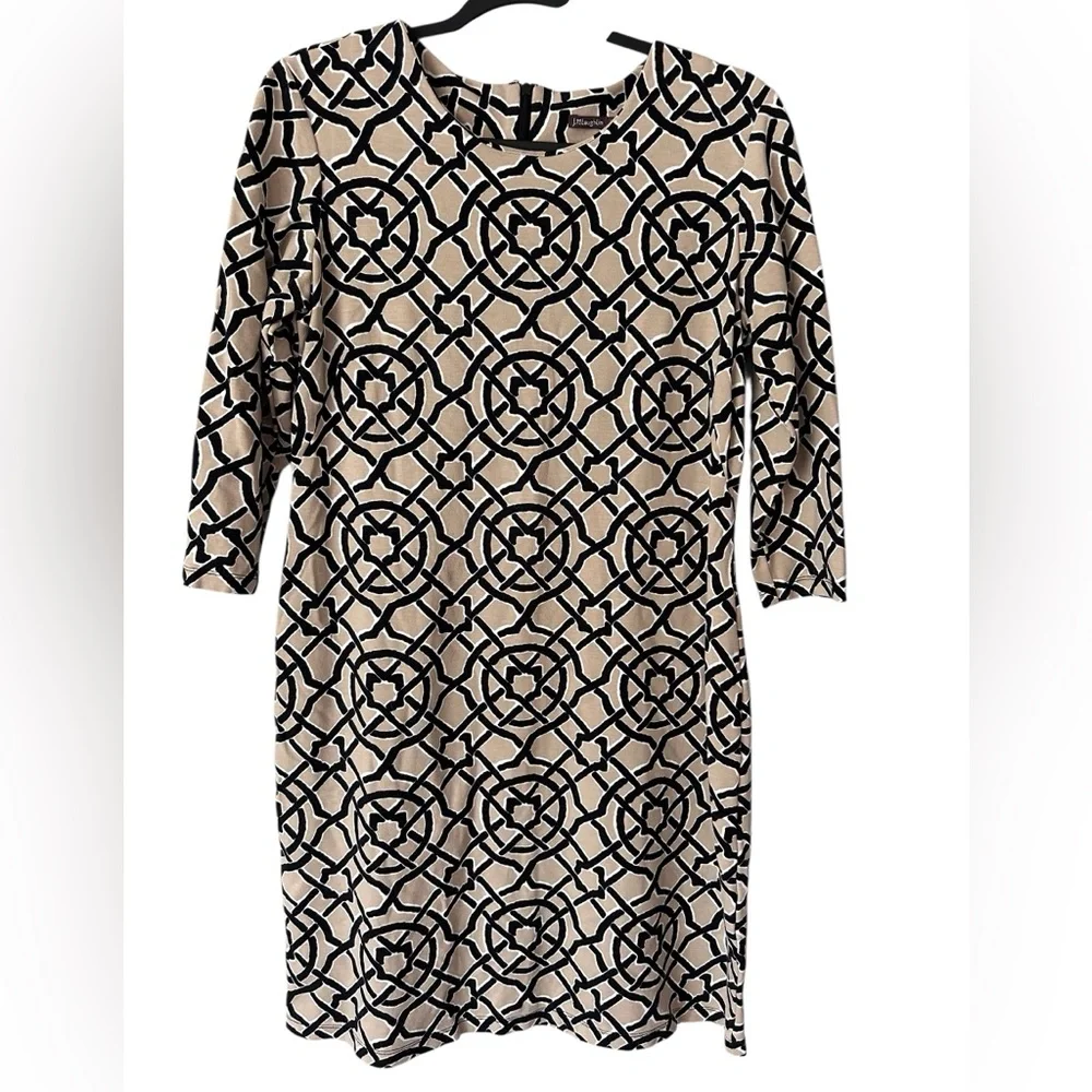 J McLaughlin Devon Ponte Knit Black & Tan Scribe Print Dress Size M